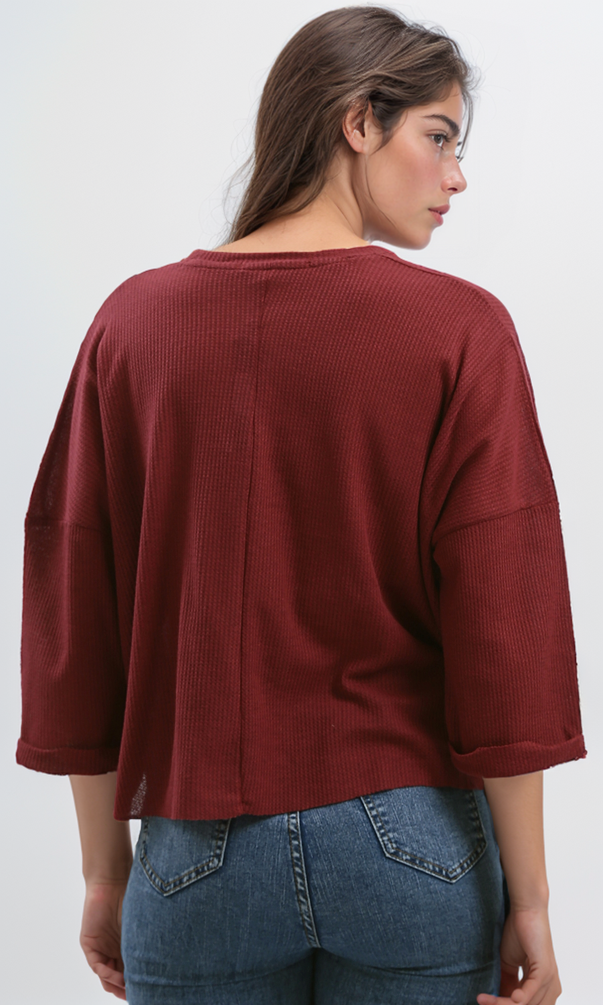 O179652 Ribbed Burgundy Loose Short Top With 3/4 Sleeves