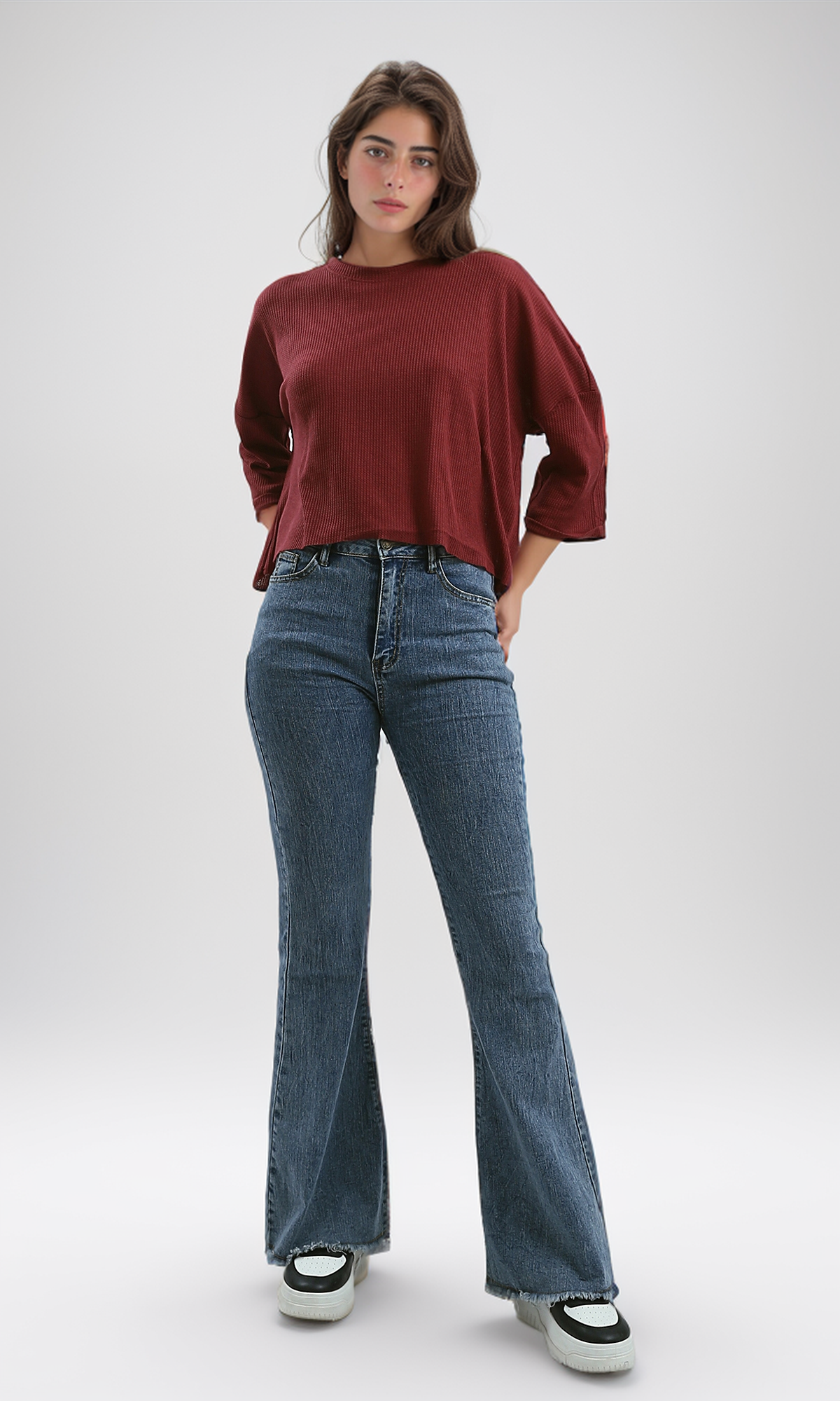 O179652 Ribbed Burgundy Loose Short Top With 3/4 Sleeves