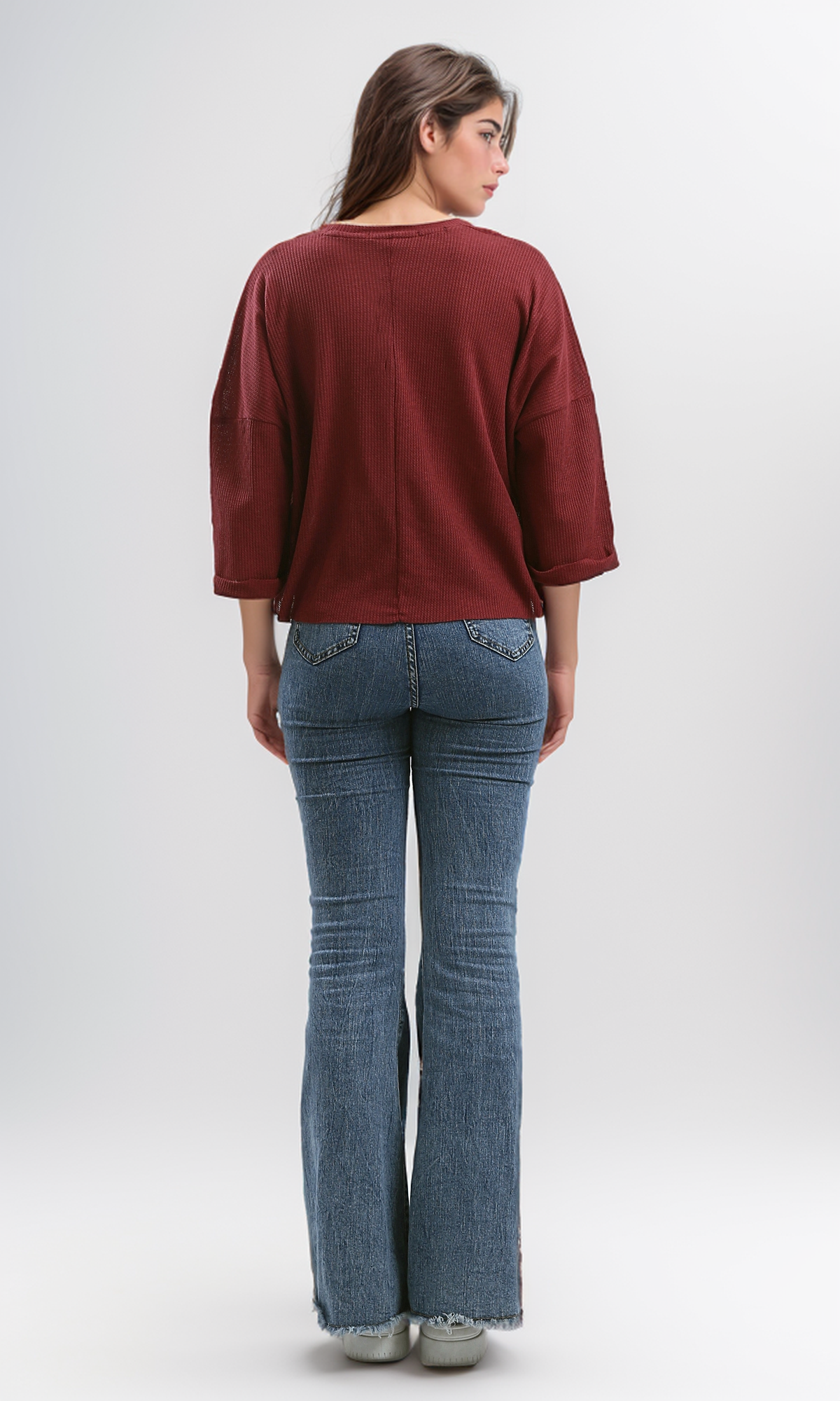 O179652 Ribbed Burgundy Loose Short Top With 3/4 Sleeves