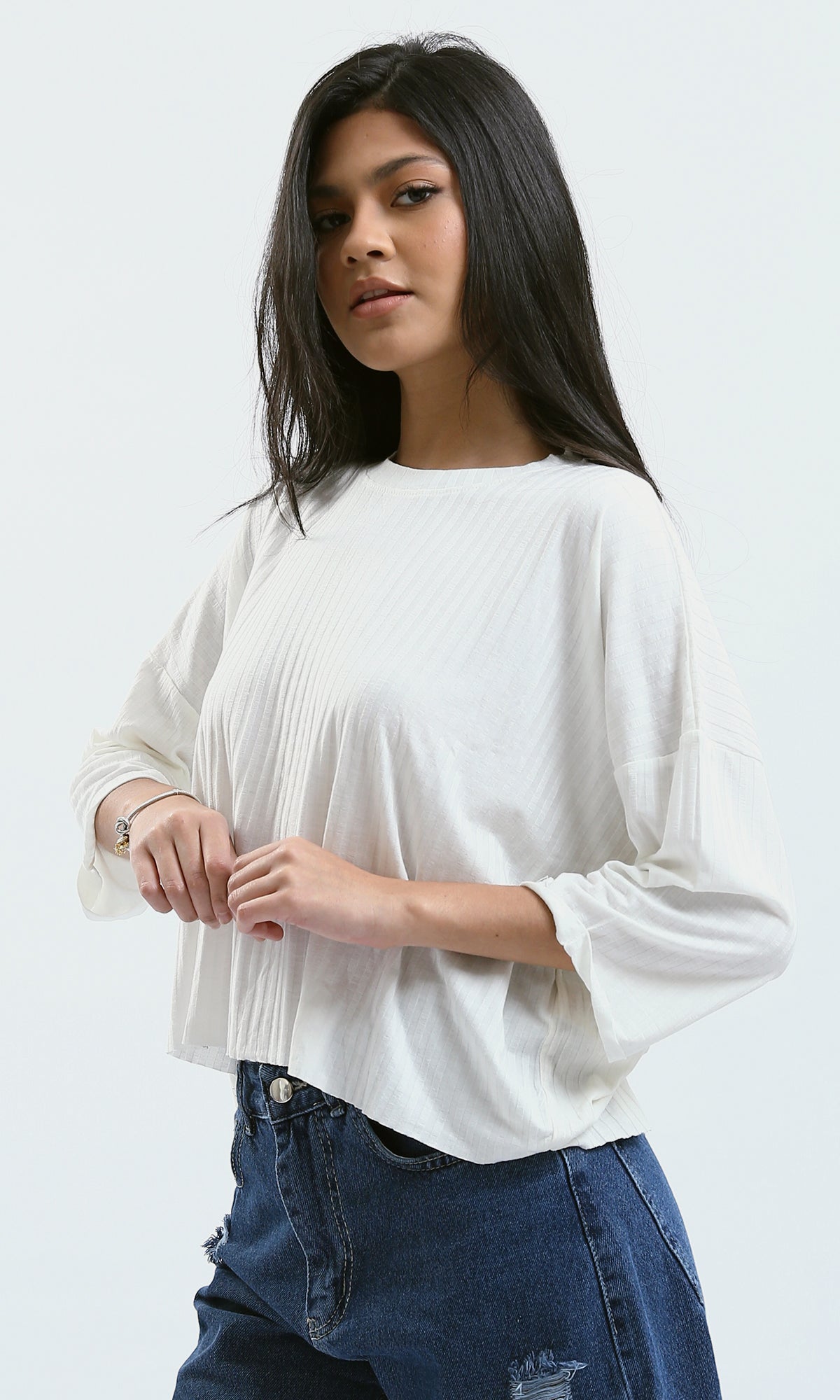 O179654 Slip On Cotton Ribbed Loose Top - Off-White