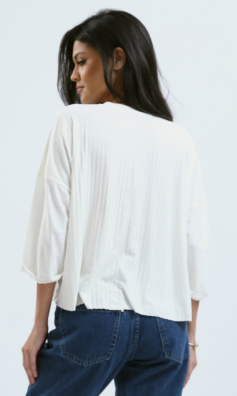 O179654 Slip On Cotton Ribbed Loose Top - Off-White