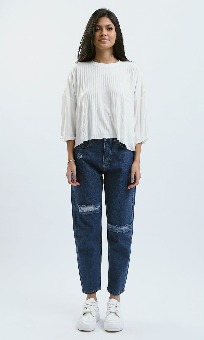 O179654 Slip On Cotton Ribbed Loose Top - Off-White