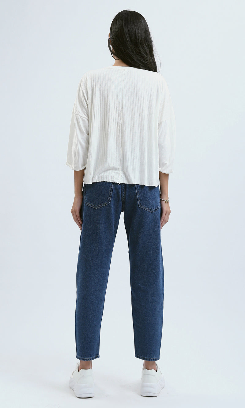 O179654 Slip On Cotton Ribbed Loose Top - Off-White