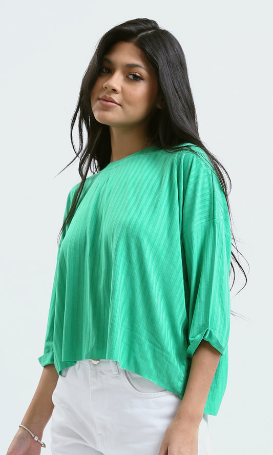 O179655 Ribbed Green Loose Short Top With 3/4 Sleeves