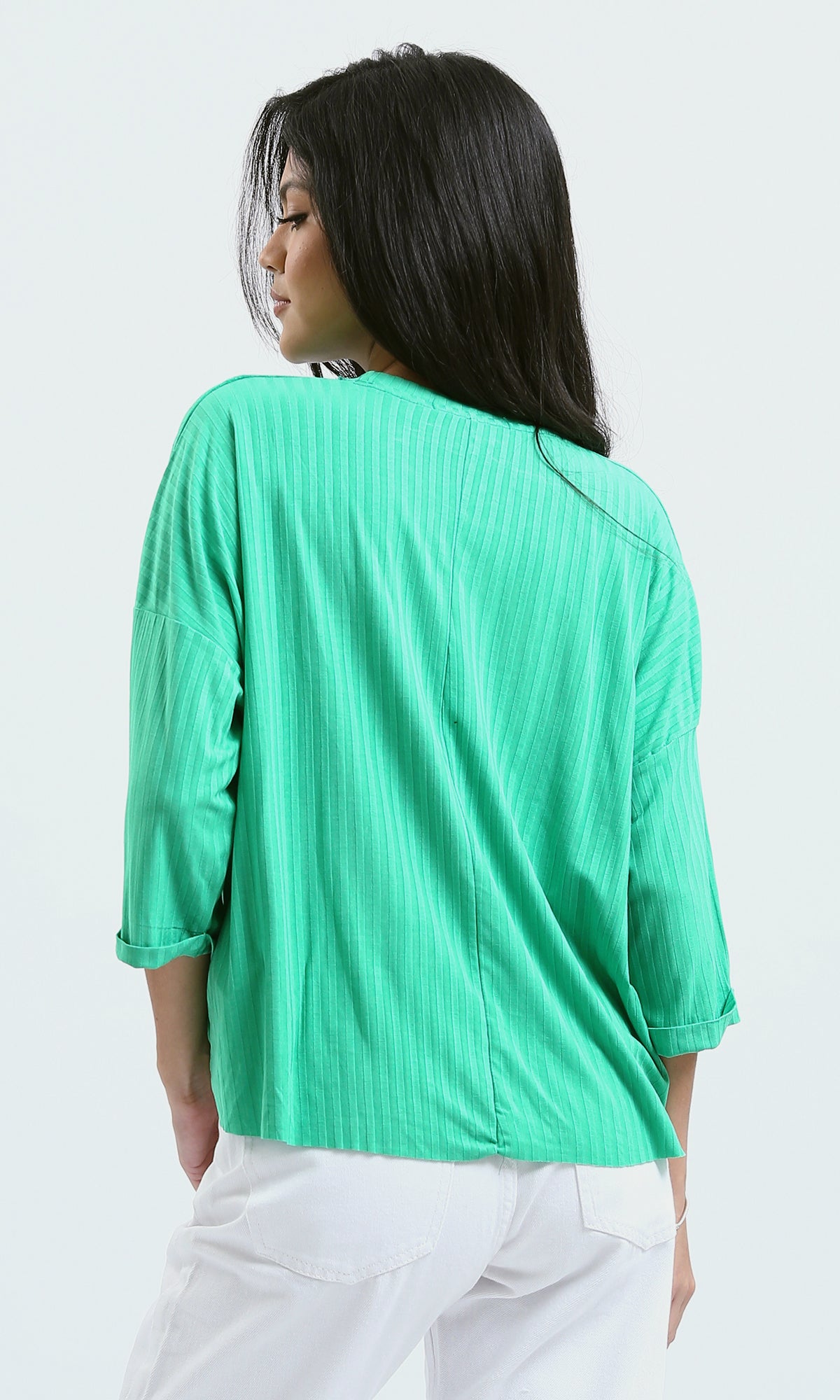 O179655 Ribbed Green Loose Short Top With 3/4 Sleeves