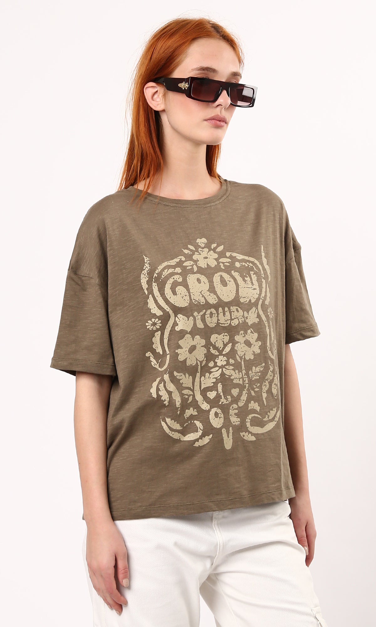 O179804 Heather Light Brown Cotton Relaxed Fit Tee