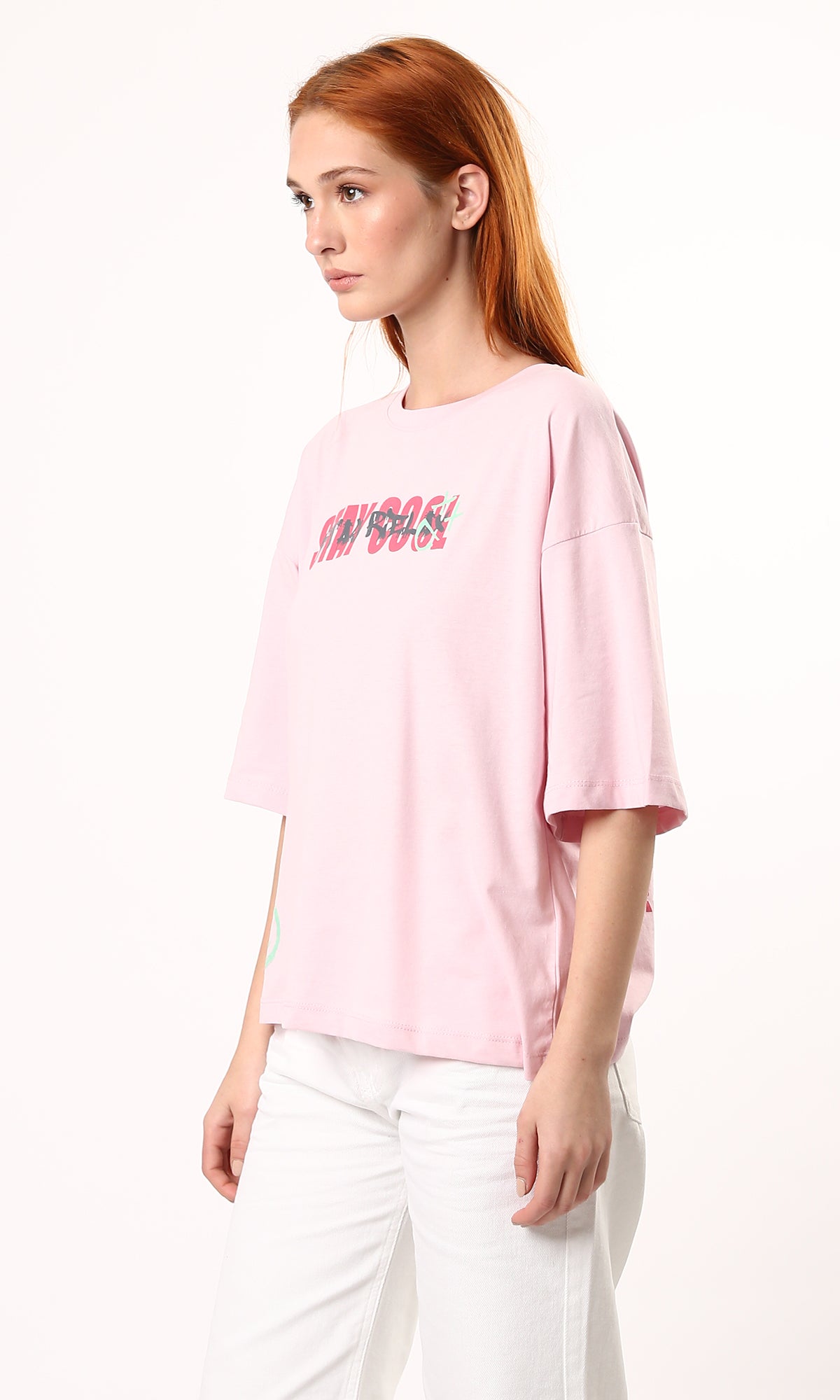 O179807 Printed "Stay Cool" Slip On Cotton Rose Tee