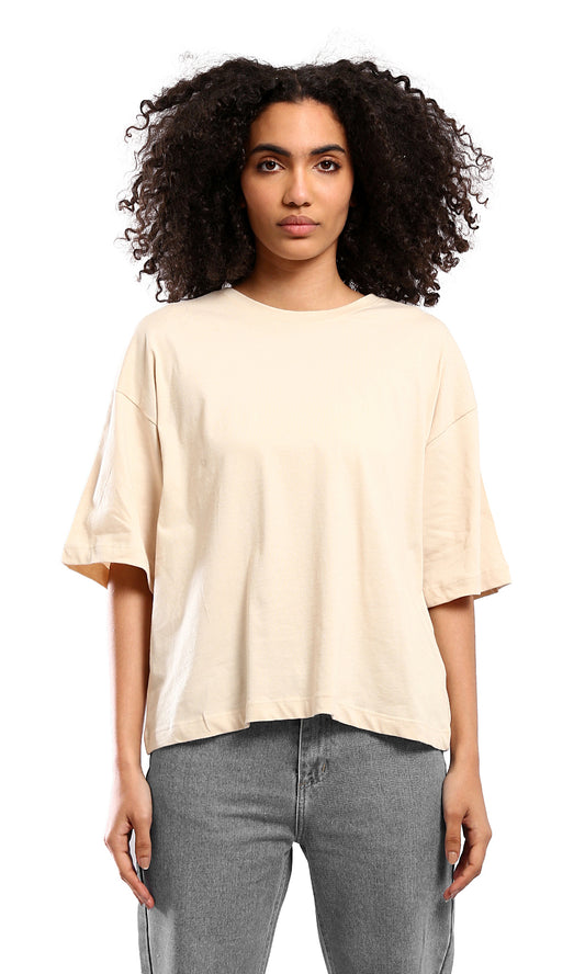 O179810 Beige Elbow-Sleeves Tee With Crew Neck