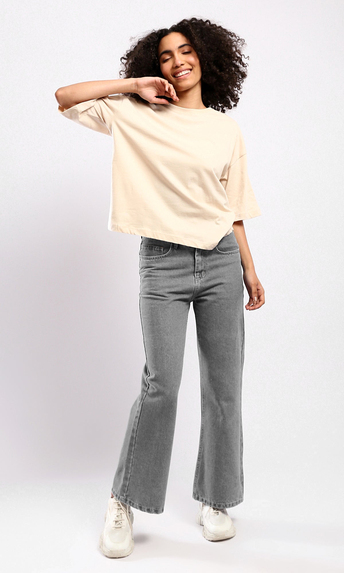 O179810 Beige Elbow-Sleeves Tee With Crew Neck