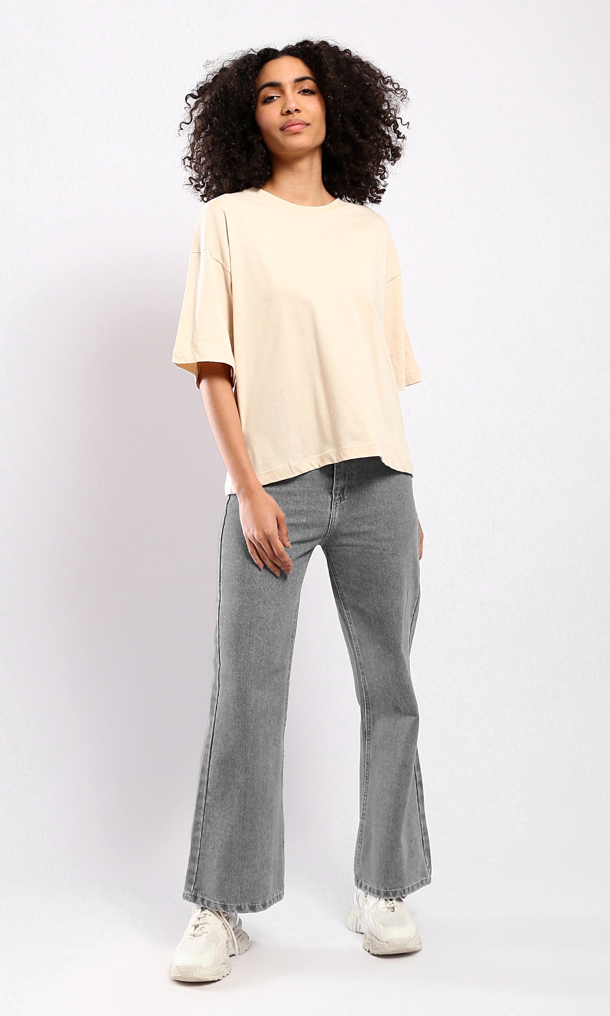 O179810 Beige Elbow-Sleeves Tee With Crew Neck