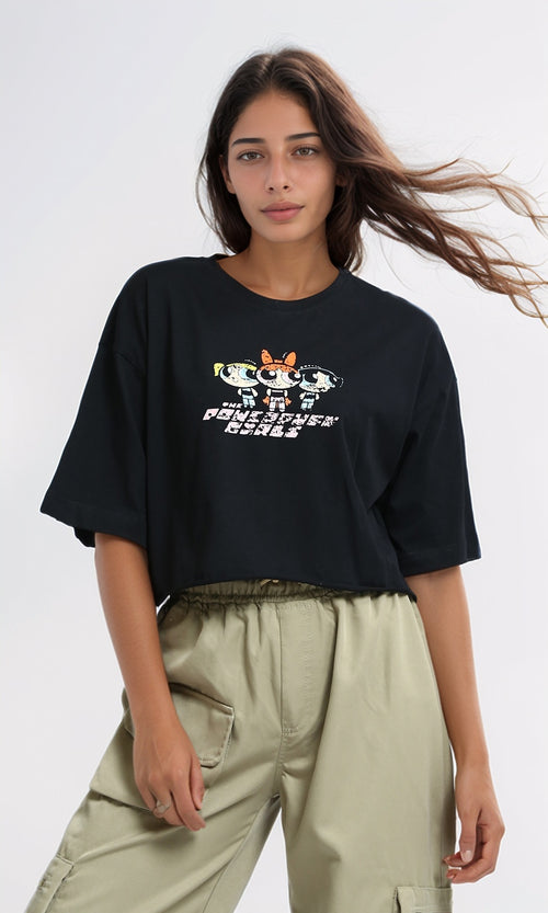 O179819 - Regular Fit Cropped Printed Tee - Black