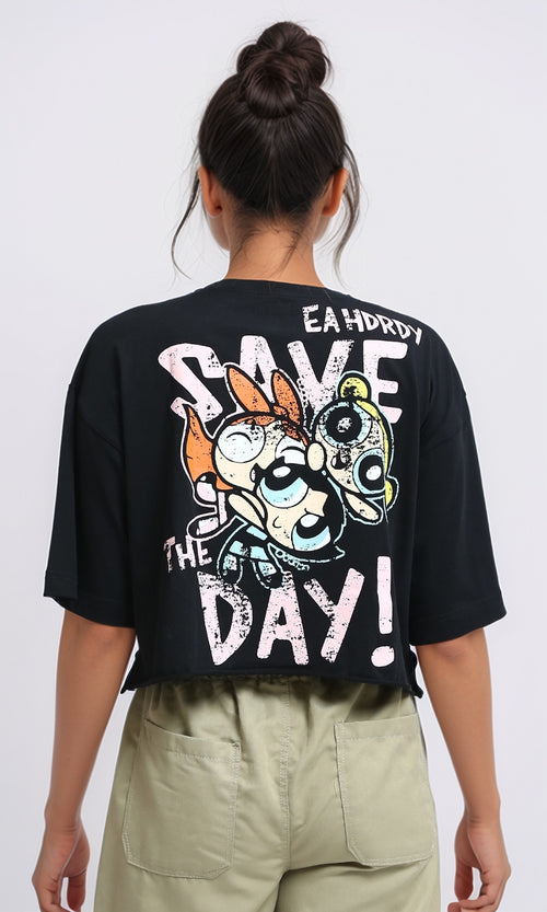 O179819 - Regular Fit Cropped Printed Tee - Black