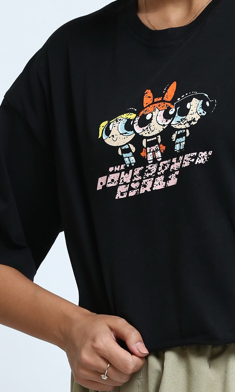 O179819 - Regular Fit Cropped Printed Tee - Black