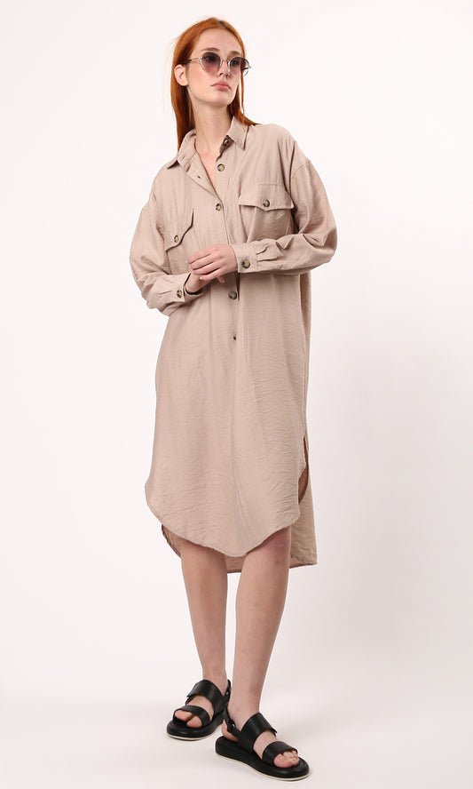 O179832 Coffee Textured Shirt Dress With Full Buttons