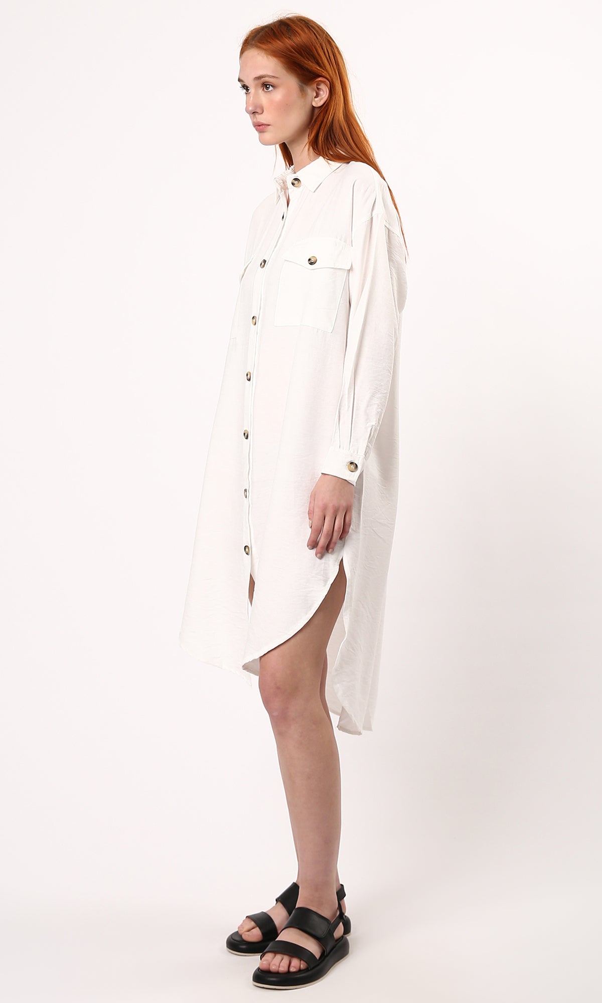 O179833 Long Sleeves Buttoned Off-White Shirt Dress
