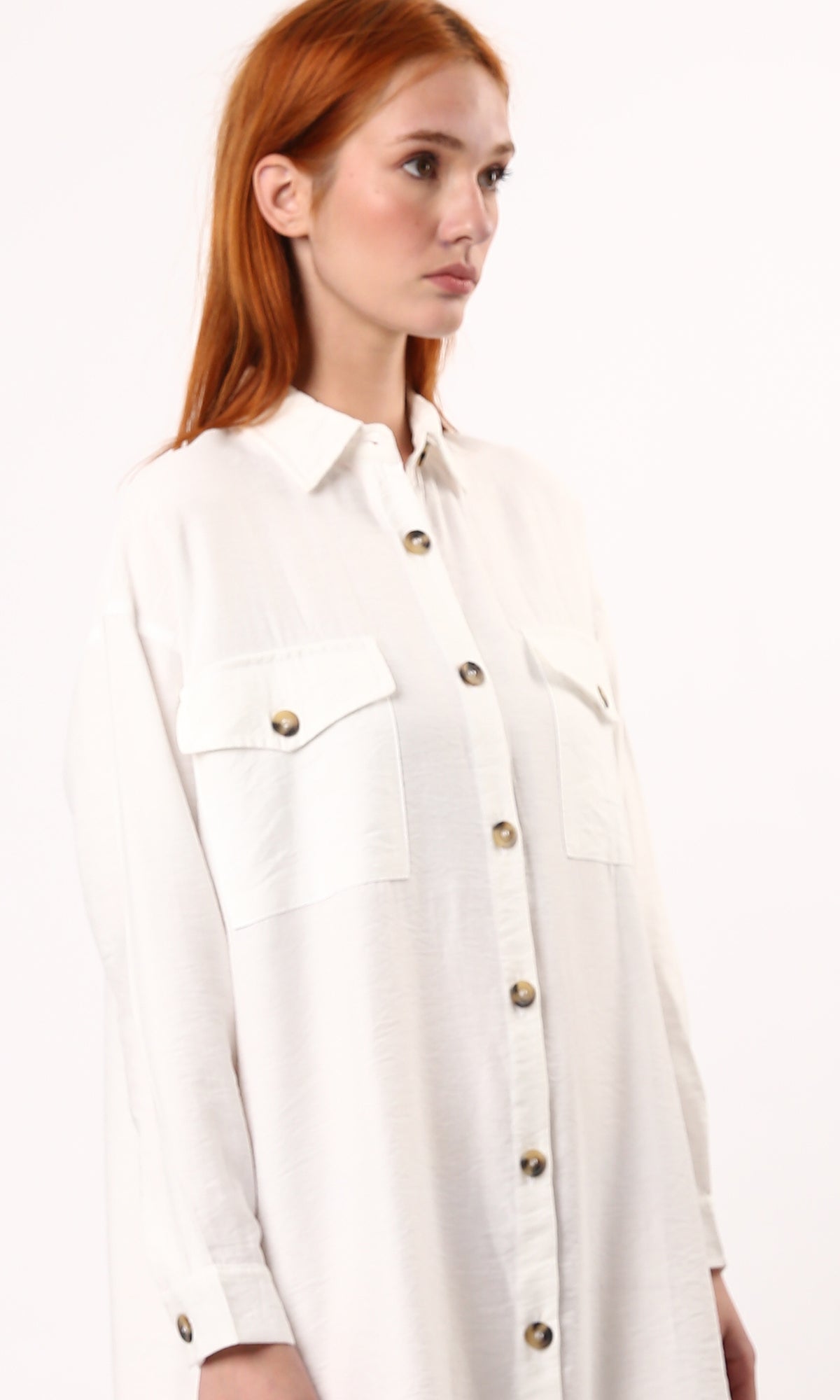 O179833 Long Sleeves Buttoned Off-White Shirt Dress