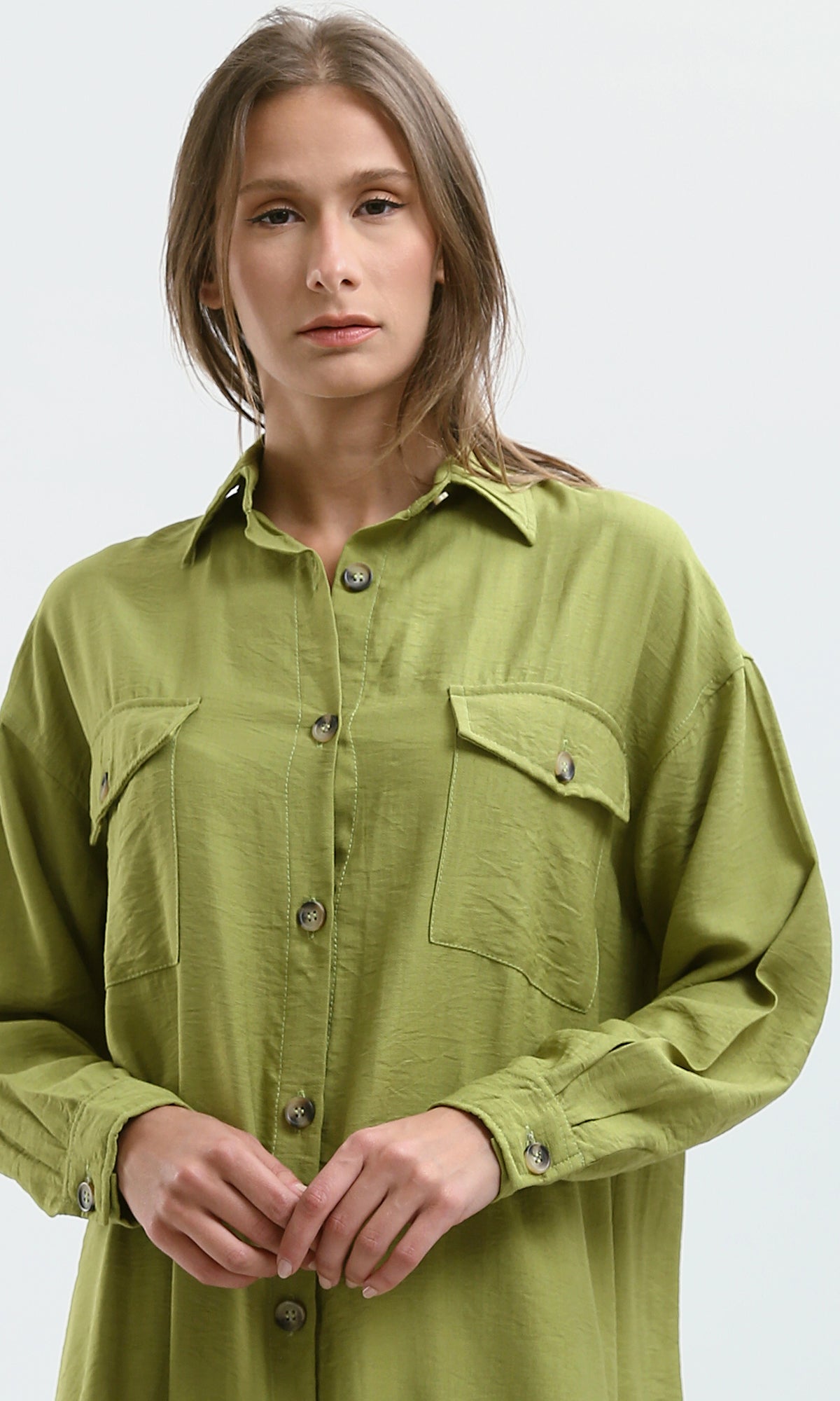 O179834 Casual Apple Green Textured Summer Shirt Dress