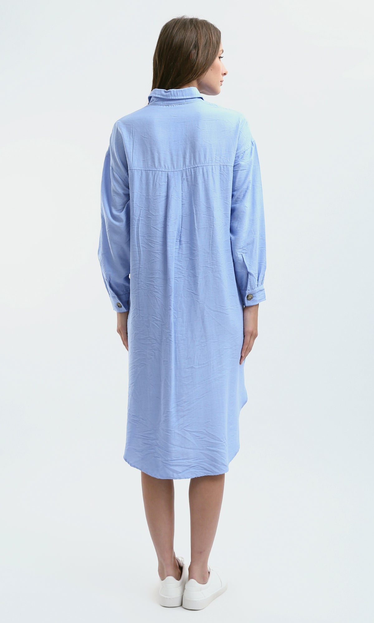 O179835 Light Blue Textured Shirt Dress With Classic Collar