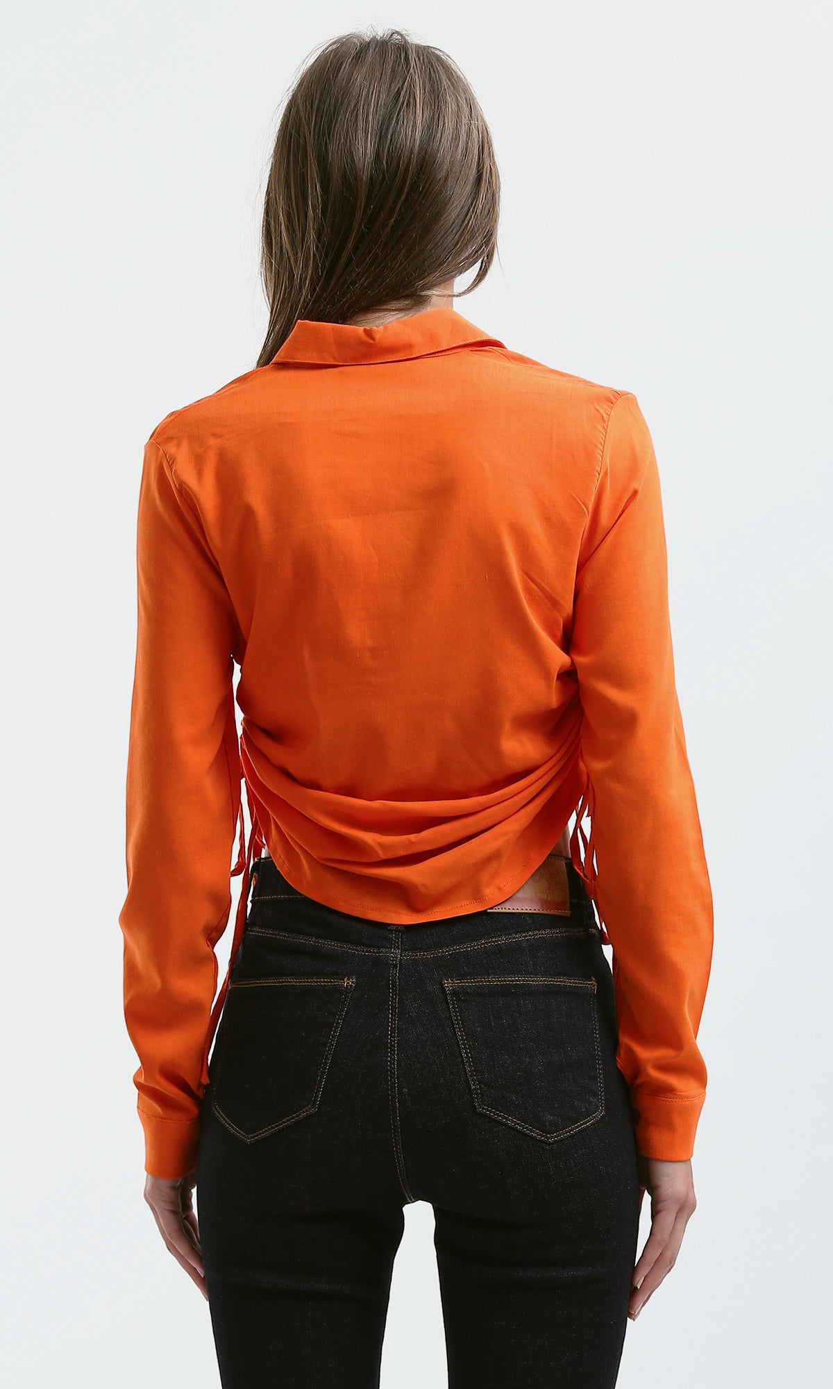 O179843 Long Sleeves Hot Orange Solid Short Shirt
