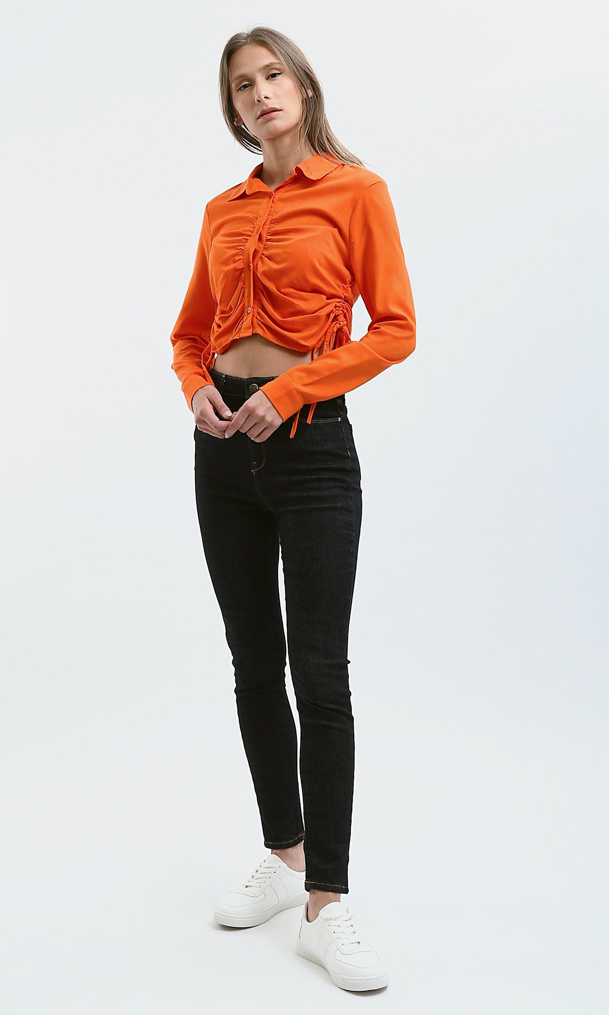 O179843 Long Sleeves Hot Orange Solid Short Shirt