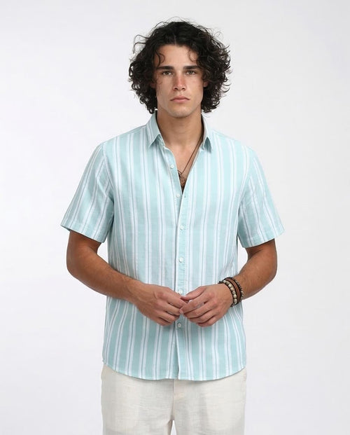 Mint Stripe Oversized Short-Sleeve Summer Shirt - o179959