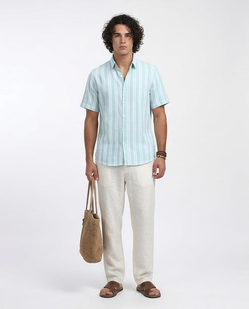 Mint Stripe Oversized Short-Sleeve Summer Shirt - o179959