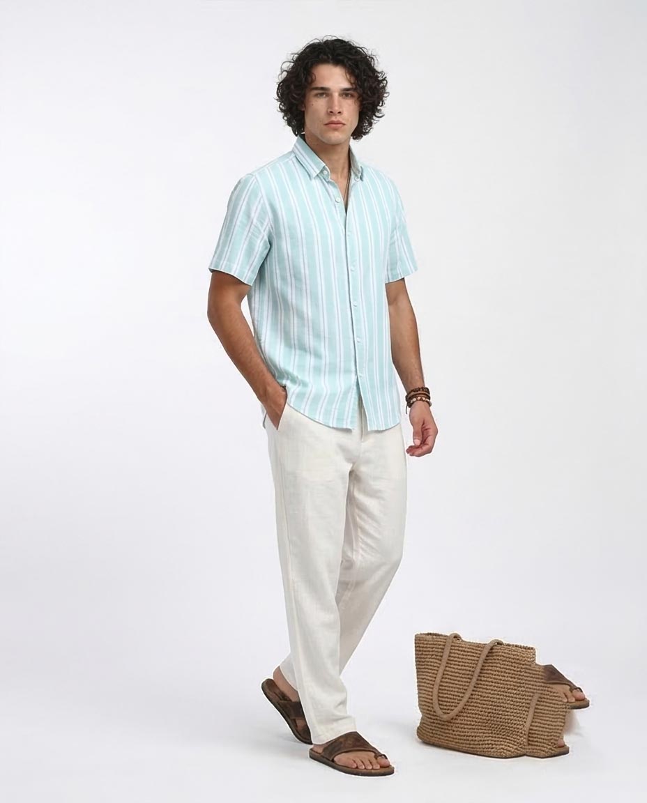 Mint Stripe Oversized Short-Sleeve Summer Shirt - o179959