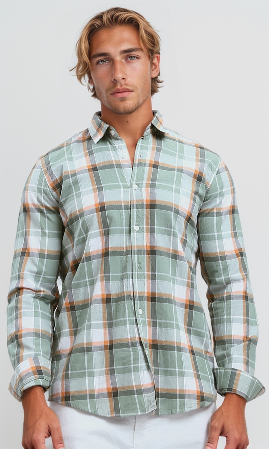 O179965 Long Sleeves Tartan Casual Shirt - Light Olive & Orange