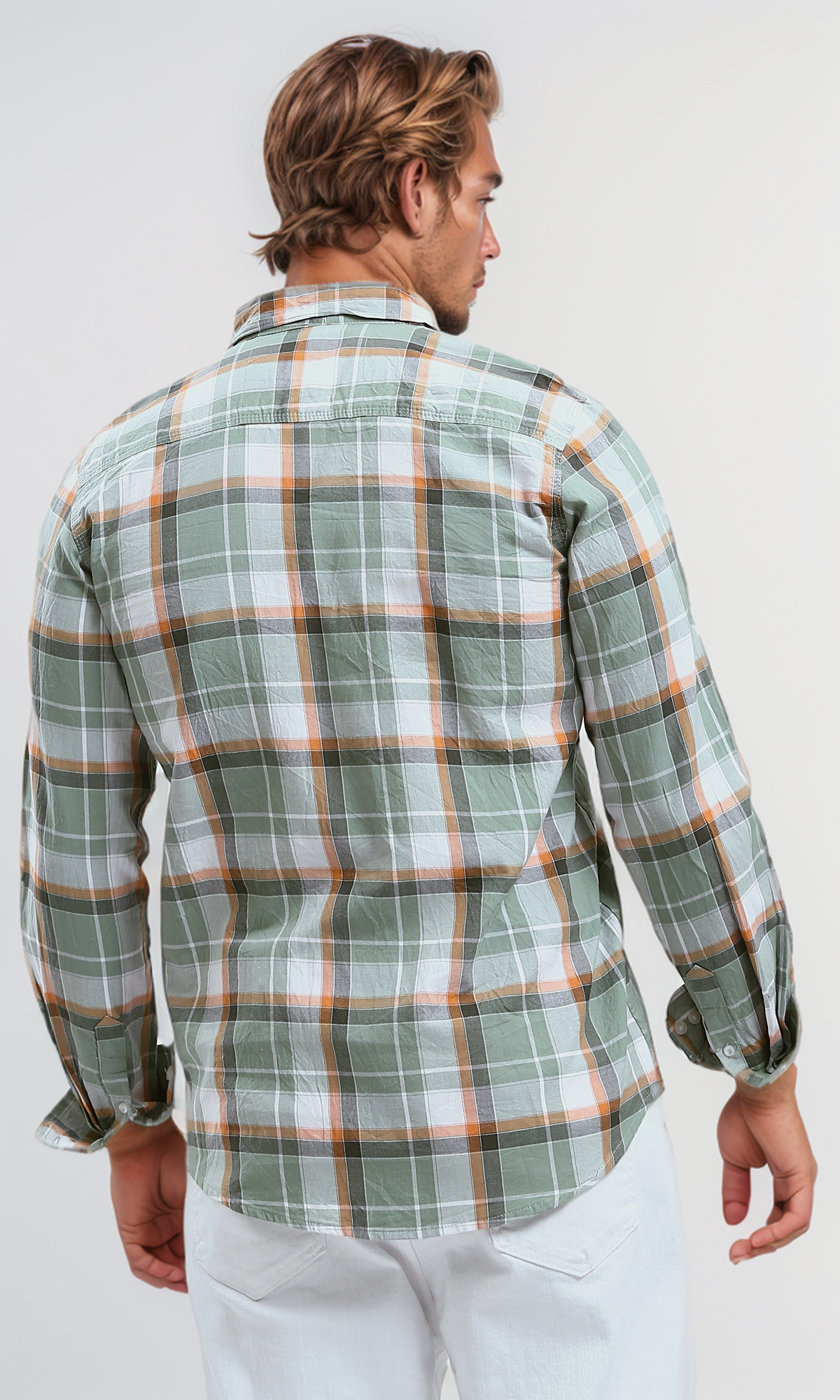 O179965 Long Sleeves Tartan Casual Shirt - Light Olive & Orange