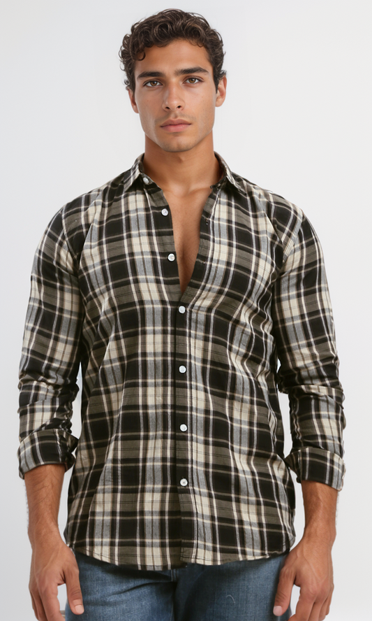 O179969 Black & Beige Tartan Full Buttons Summer Shirt