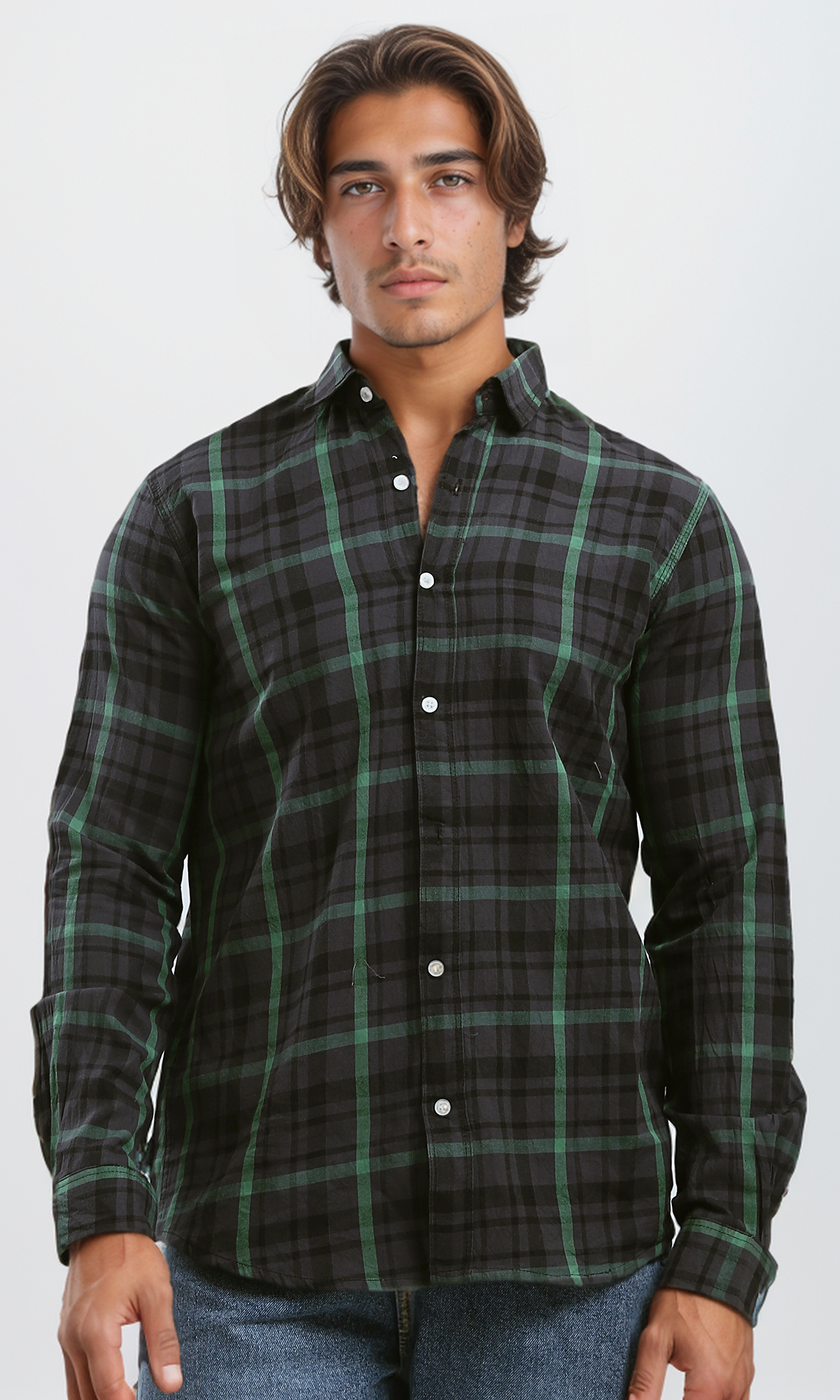 O179970 Cotton Tartan Shirt With Turn Down Collar - Black & Green