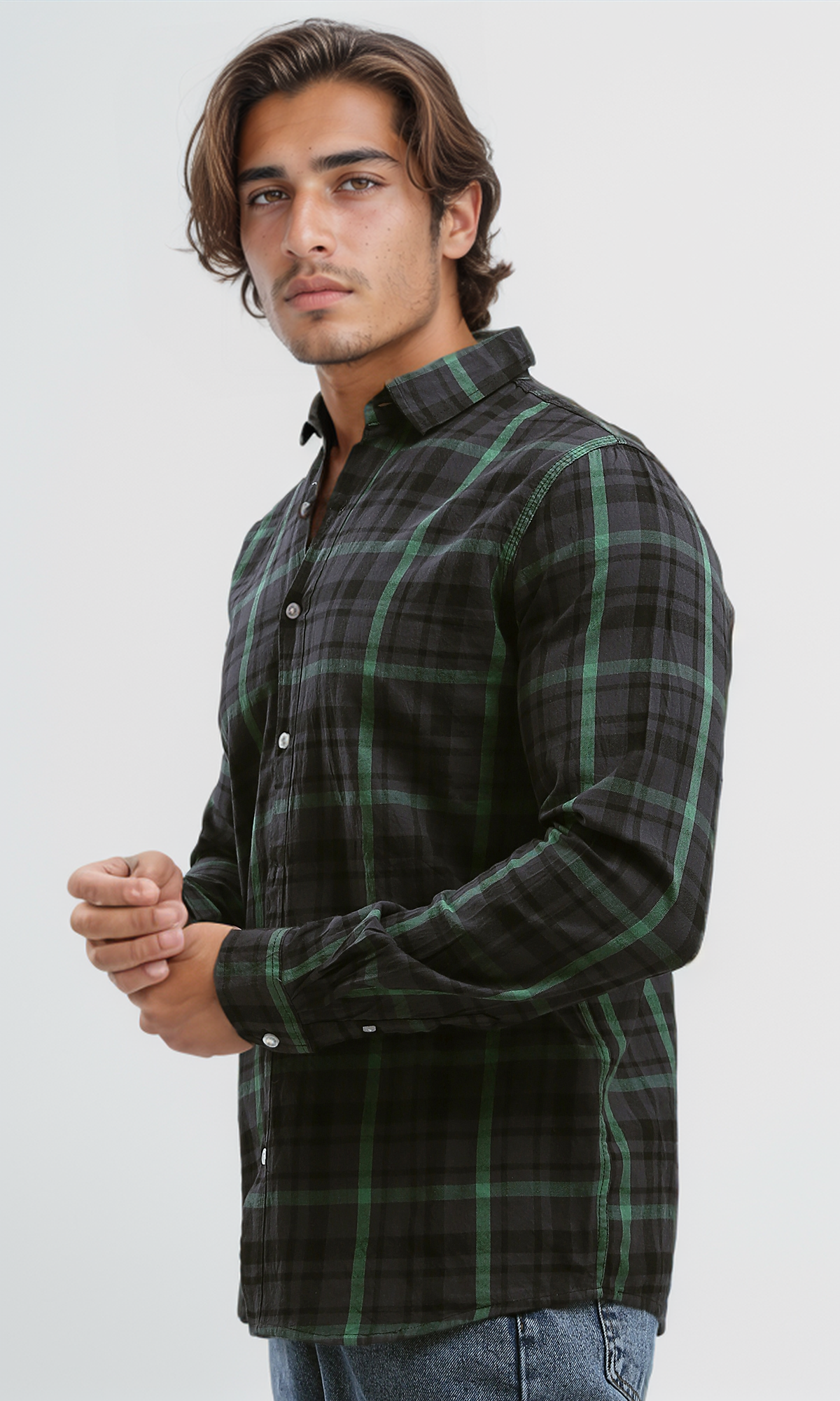 O179970 Cotton Tartan Shirt With Turn Down Collar - Black & Green