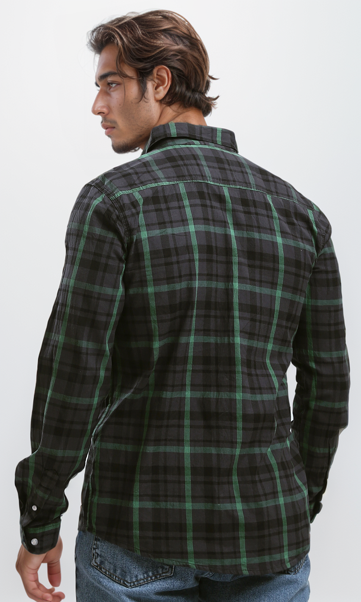 O179970 Cotton Tartan Shirt With Turn Down Collar - Black & Green