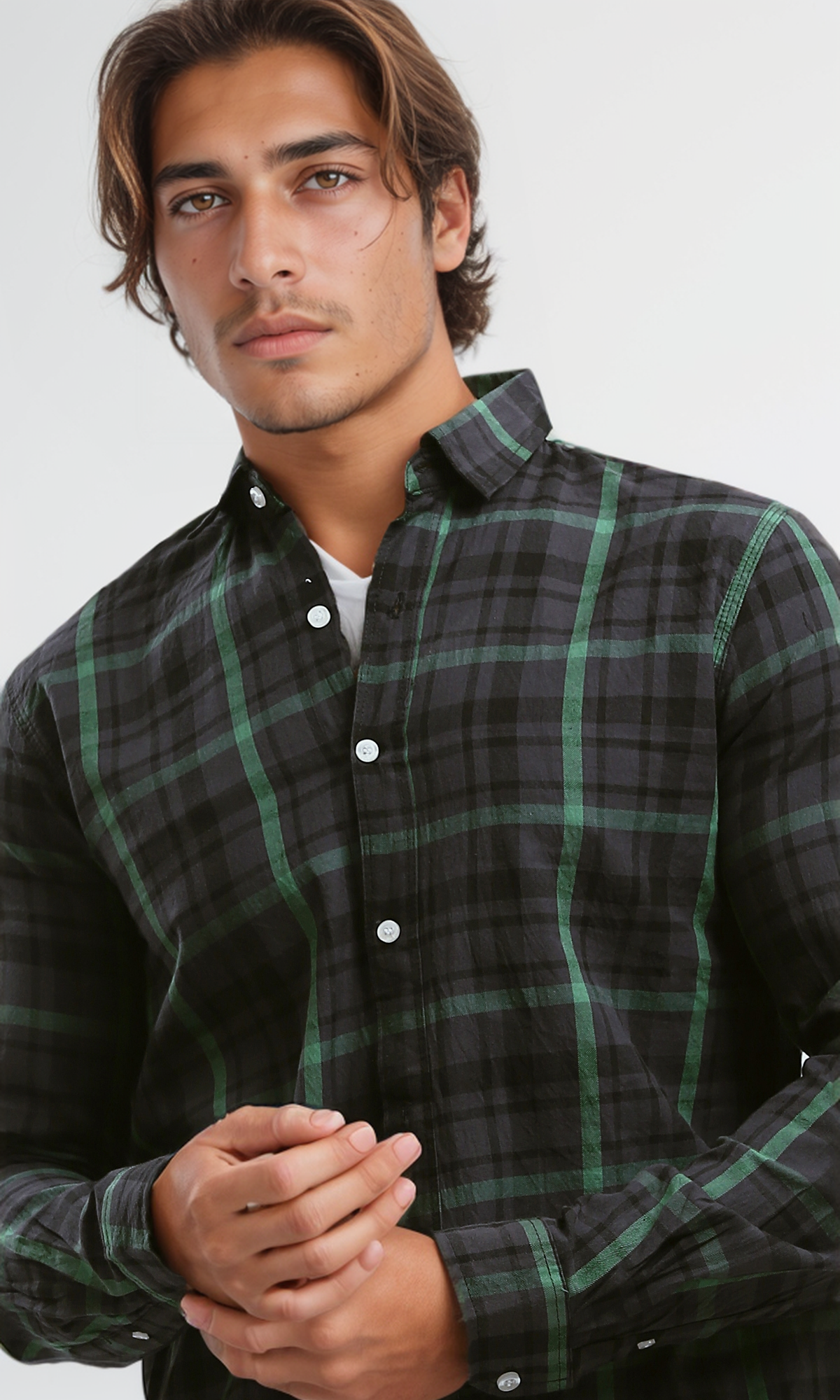 O179970 Cotton Tartan Shirt With Turn Down Collar - Black & Green