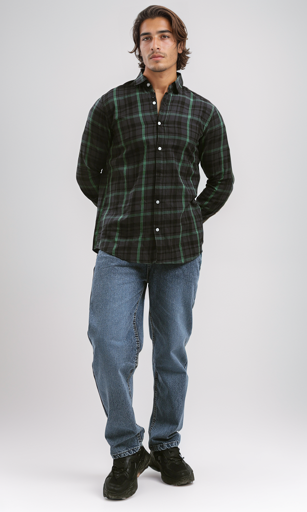 O179970 Cotton Tartan Shirt With Turn Down Collar - Black & Green