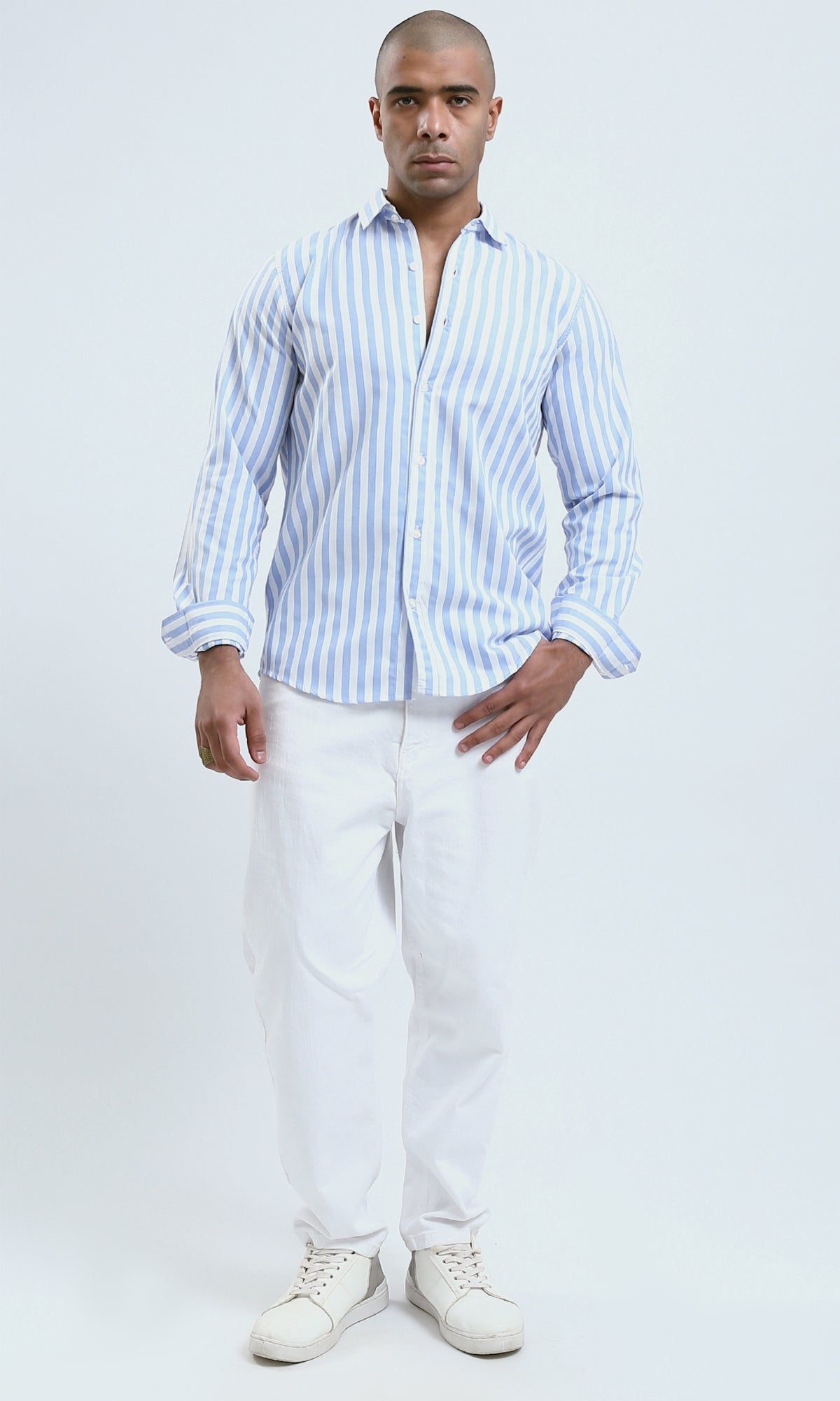 O179975 Blue & White Long Sleeves Elegant Striped Shirt