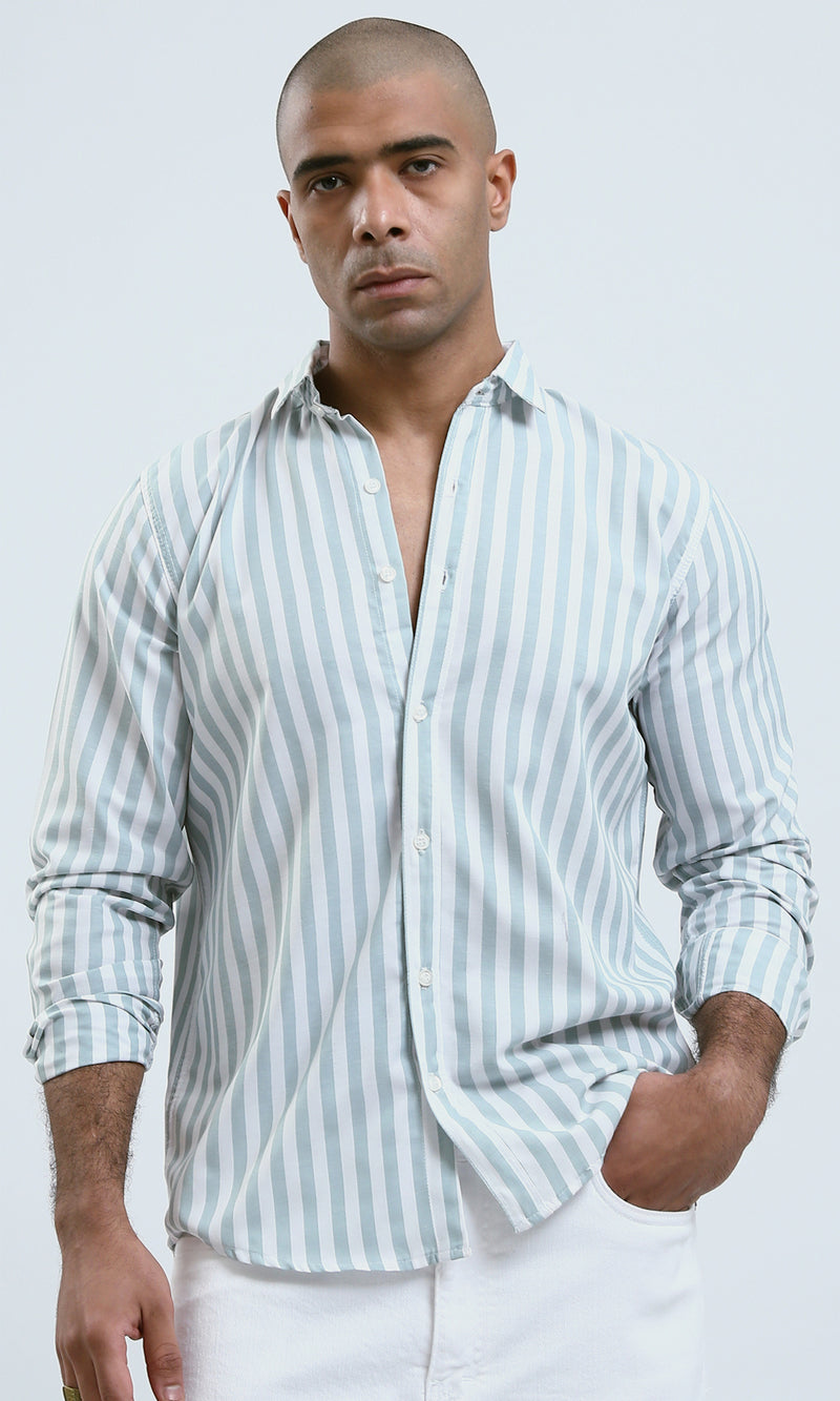 O179977 - Mint Green Long Sleeves Striped Shirt Dress