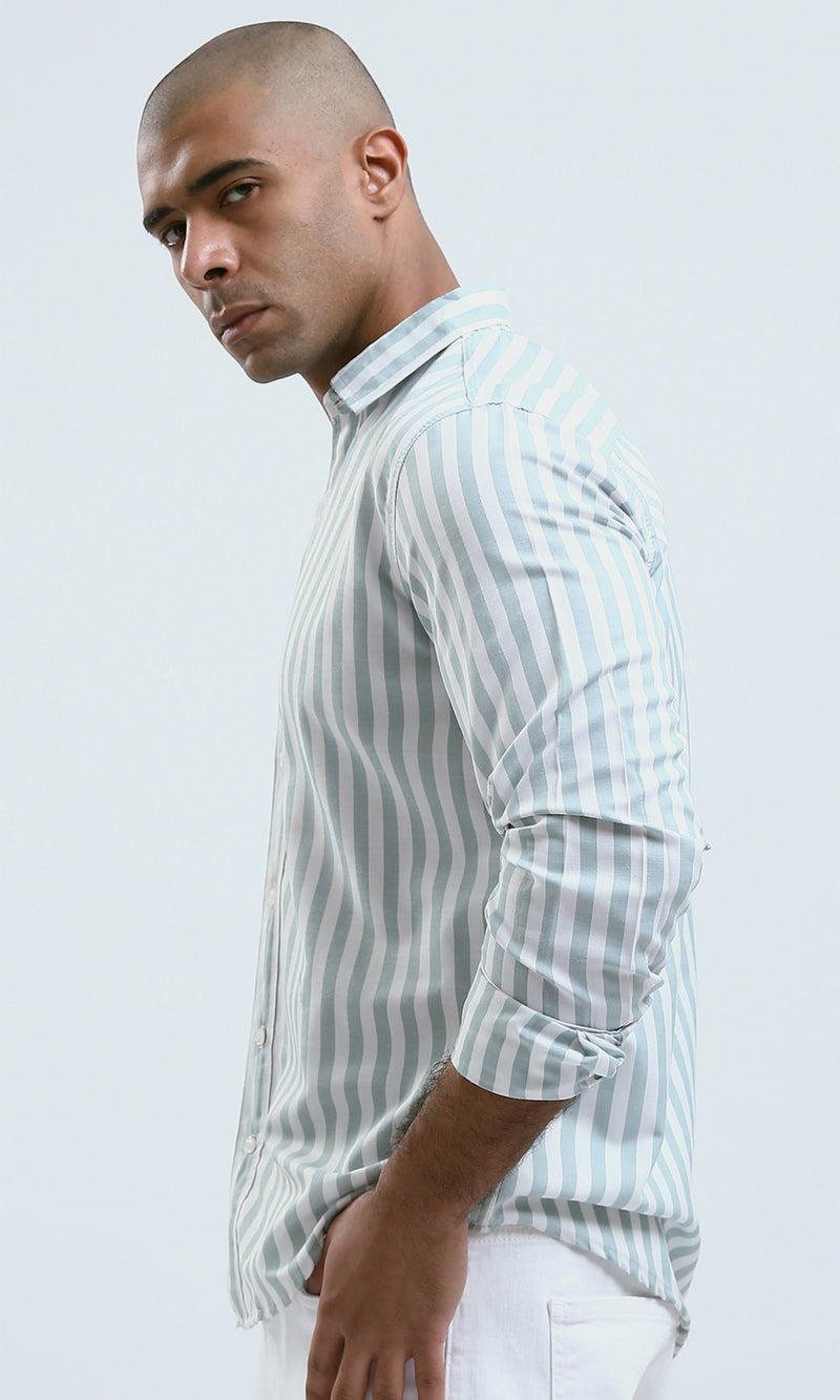 O179977 - Mint Green Long Sleeves Striped Shirt Dress