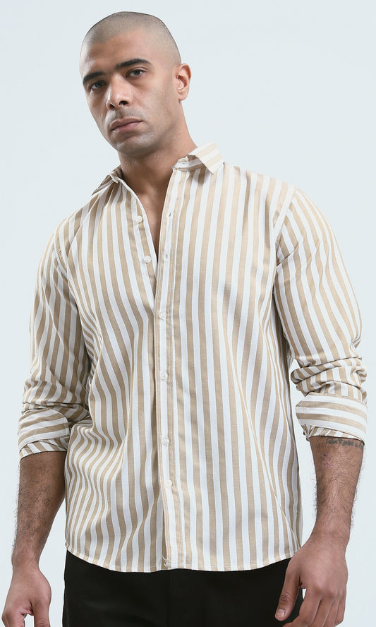 O179978 Light Beige & White Full Buttons Long Sleeve Shirt