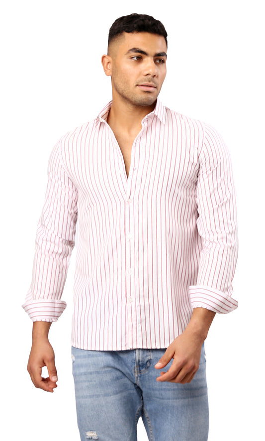 O179979 Red & White Long Sleeves Elegant Striped Shirt 