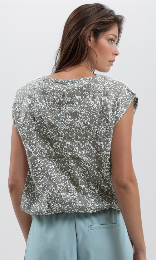 تي شيرت بدون أكمام بياقة دائرية وجزء سفلي مرن - رمادي وأبيض