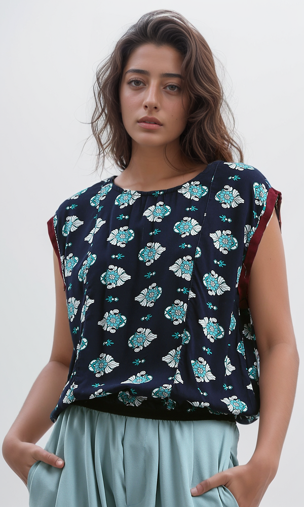 O180012 Sleeveless Regular Fit Navy & Baby Blue Summer Top