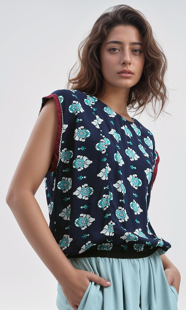 O180012 Sleeveless Regular Fit Navy & Baby Blue Summer Top