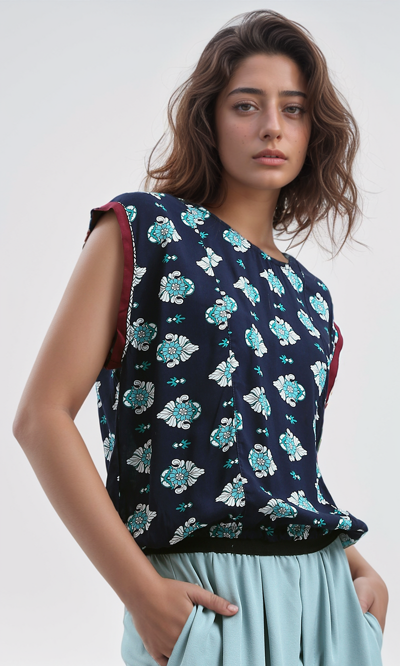 O180012 Sleeveless Regular Fit Navy & Baby Blue Summer Top