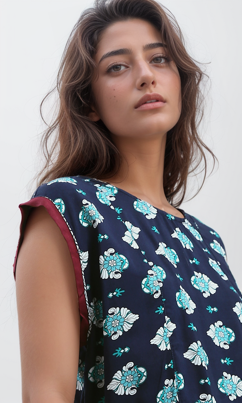 O180012 Sleeveless Regular Fit Navy & Baby Blue Summer Top