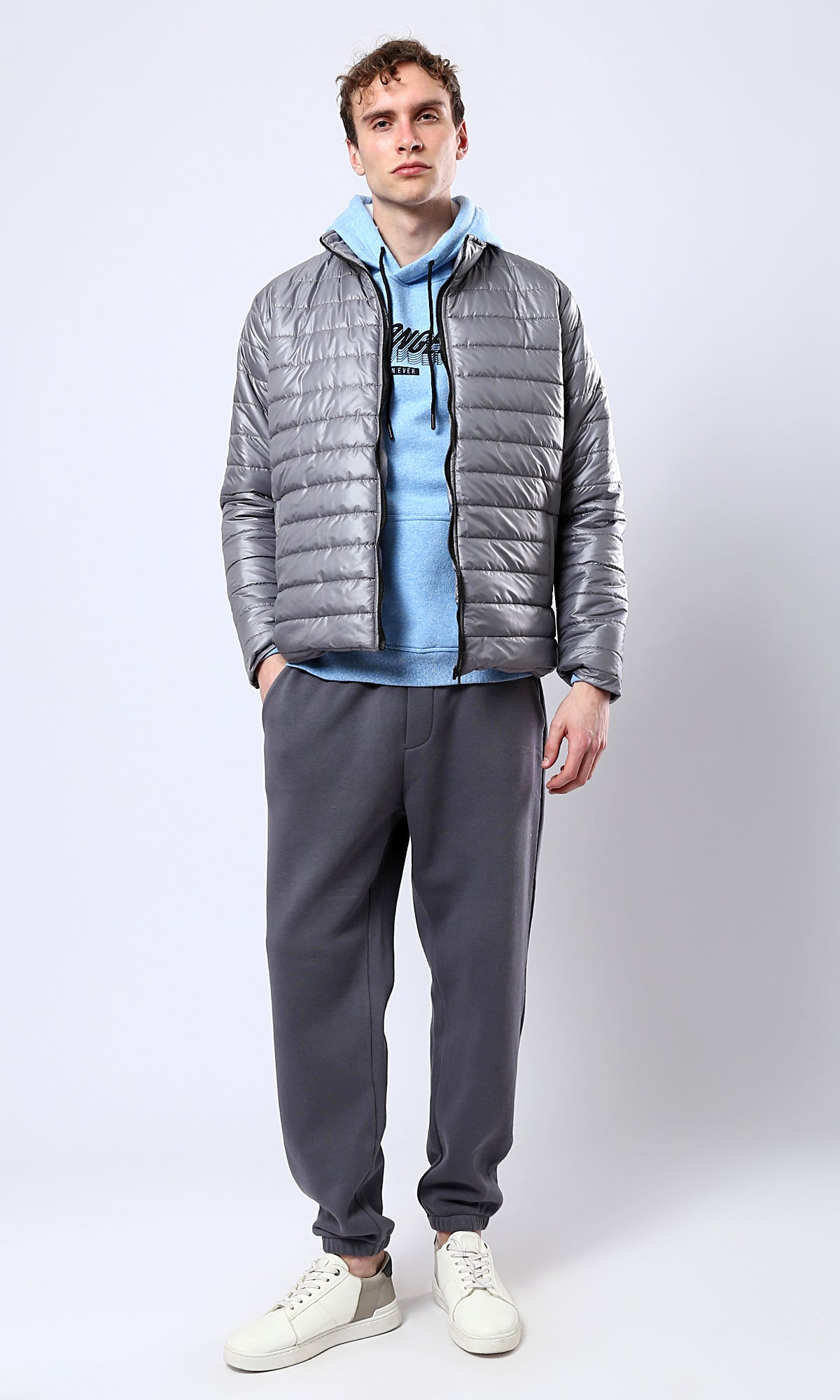 O180389 Long Sleeves Regular Fit Puffer Jacket - Dark Grey