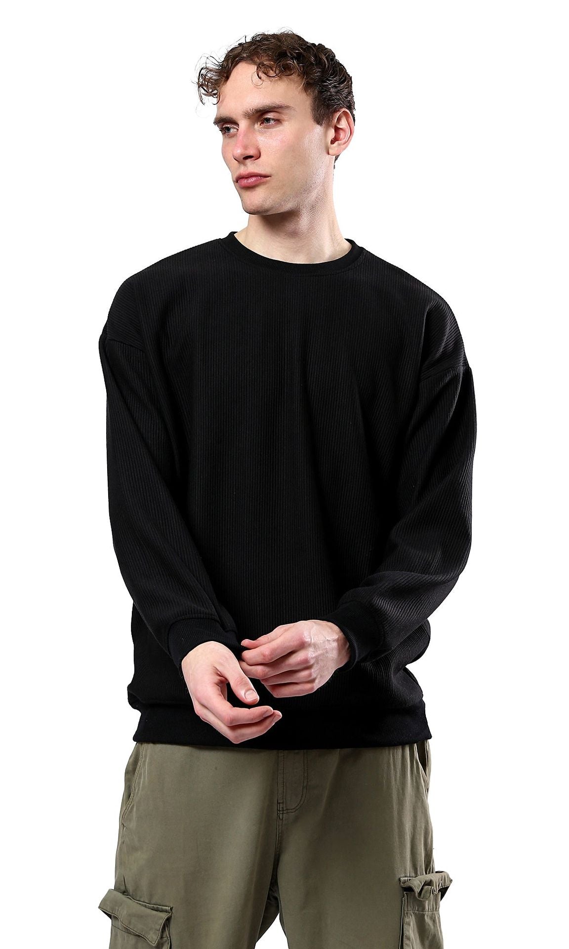 Black Textured Ribbed Oversized Crew-Neck Sweatshirt - O180391