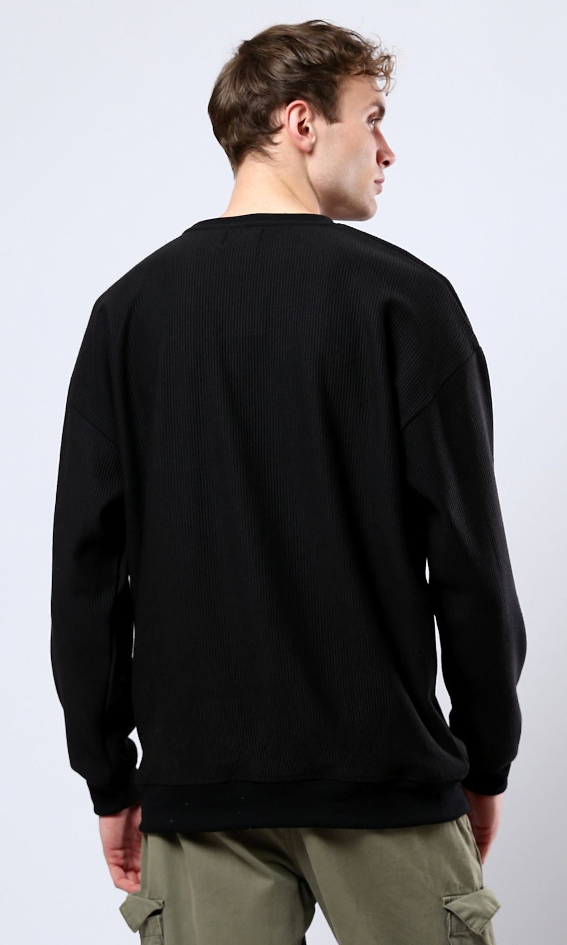 Black Textured Ribbed Oversized Crew-Neck Sweatshirt - O180391