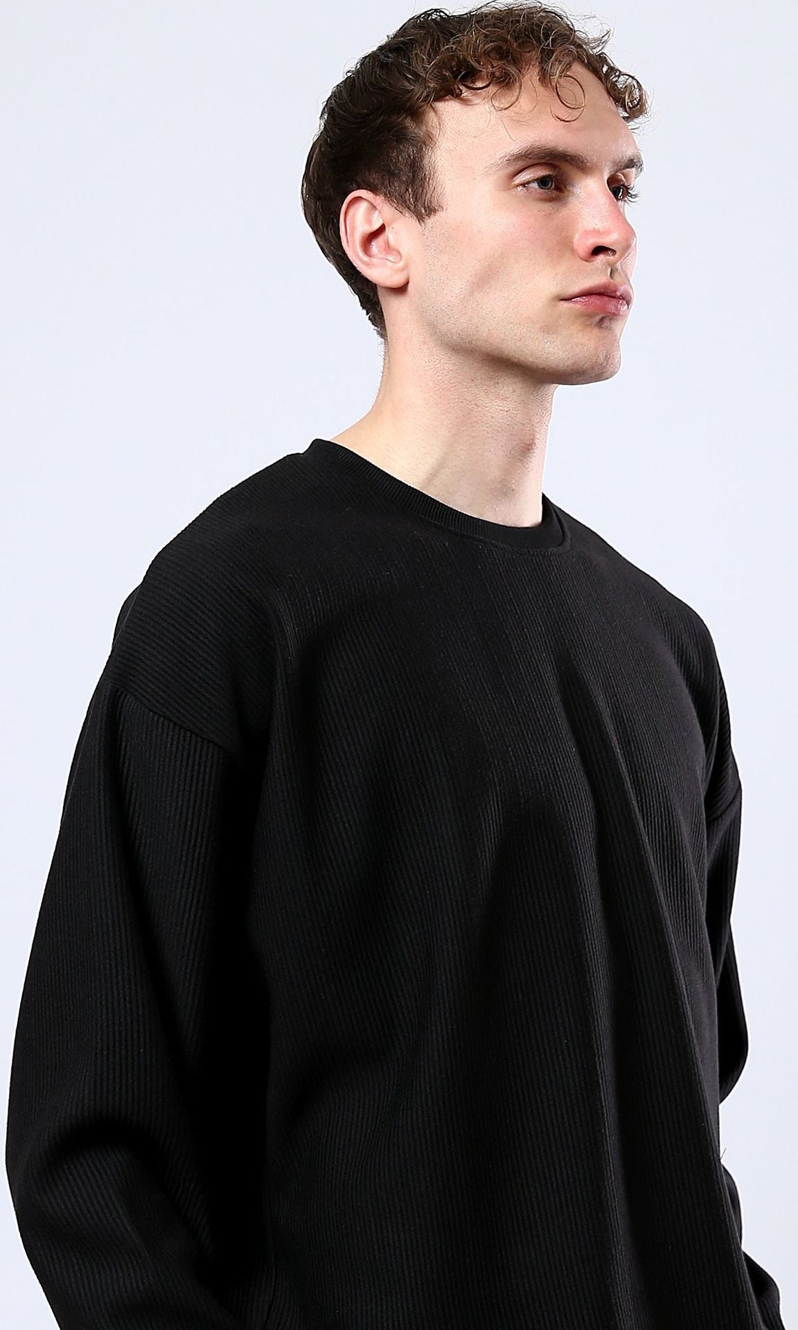 Black Textured Ribbed Oversized Crew-Neck Sweatshirt - O180391