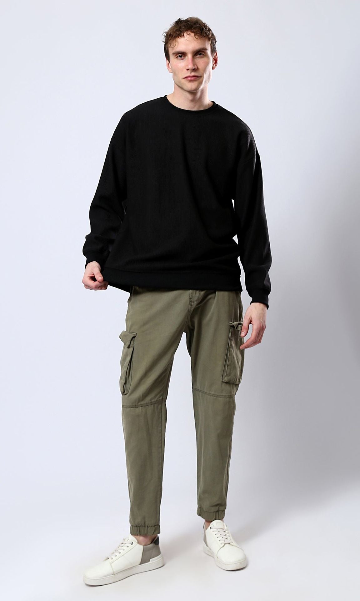 Black Textured Ribbed Oversized Crew-Neck Sweatshirt - O180391
